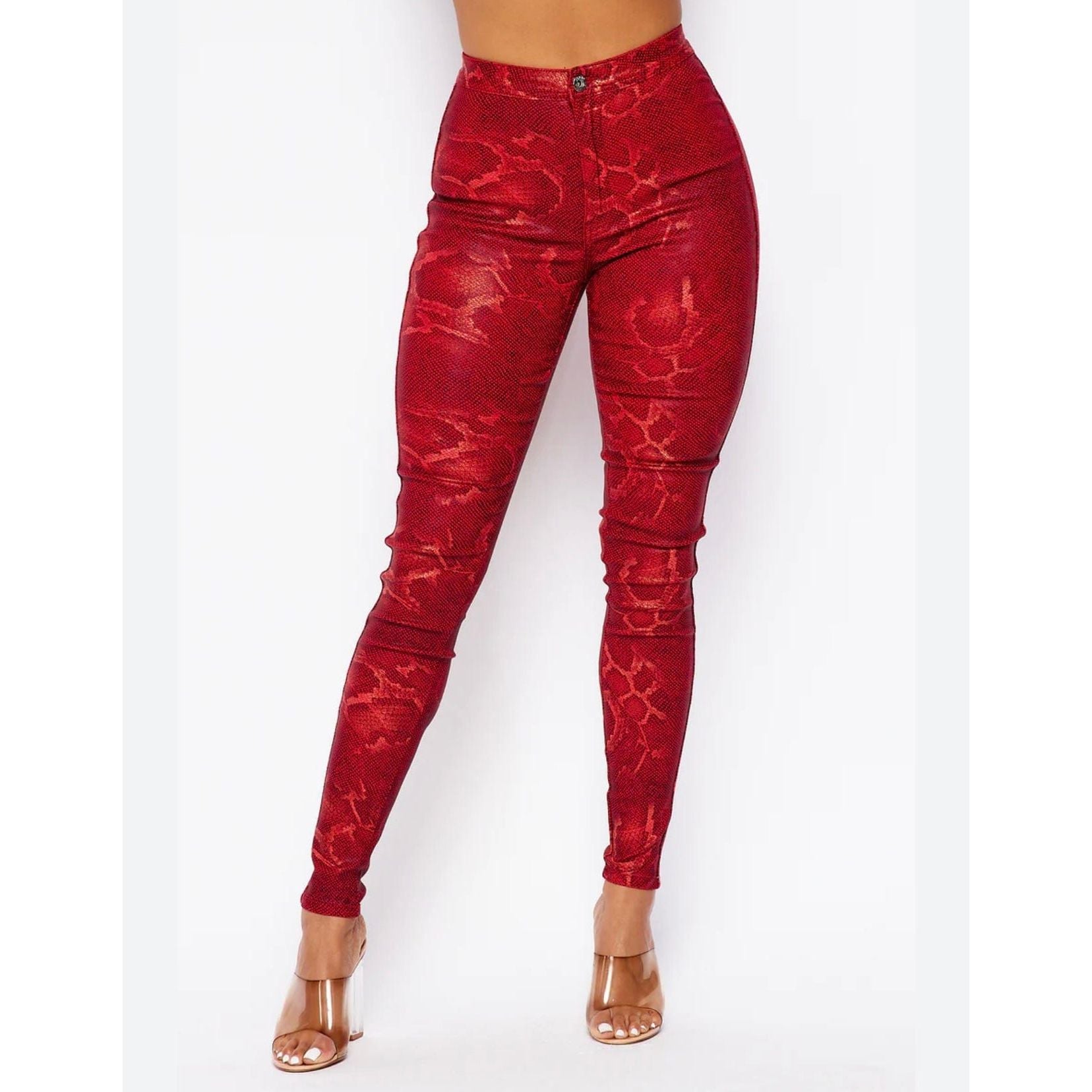 Red Snake Print Faux Leather Pants