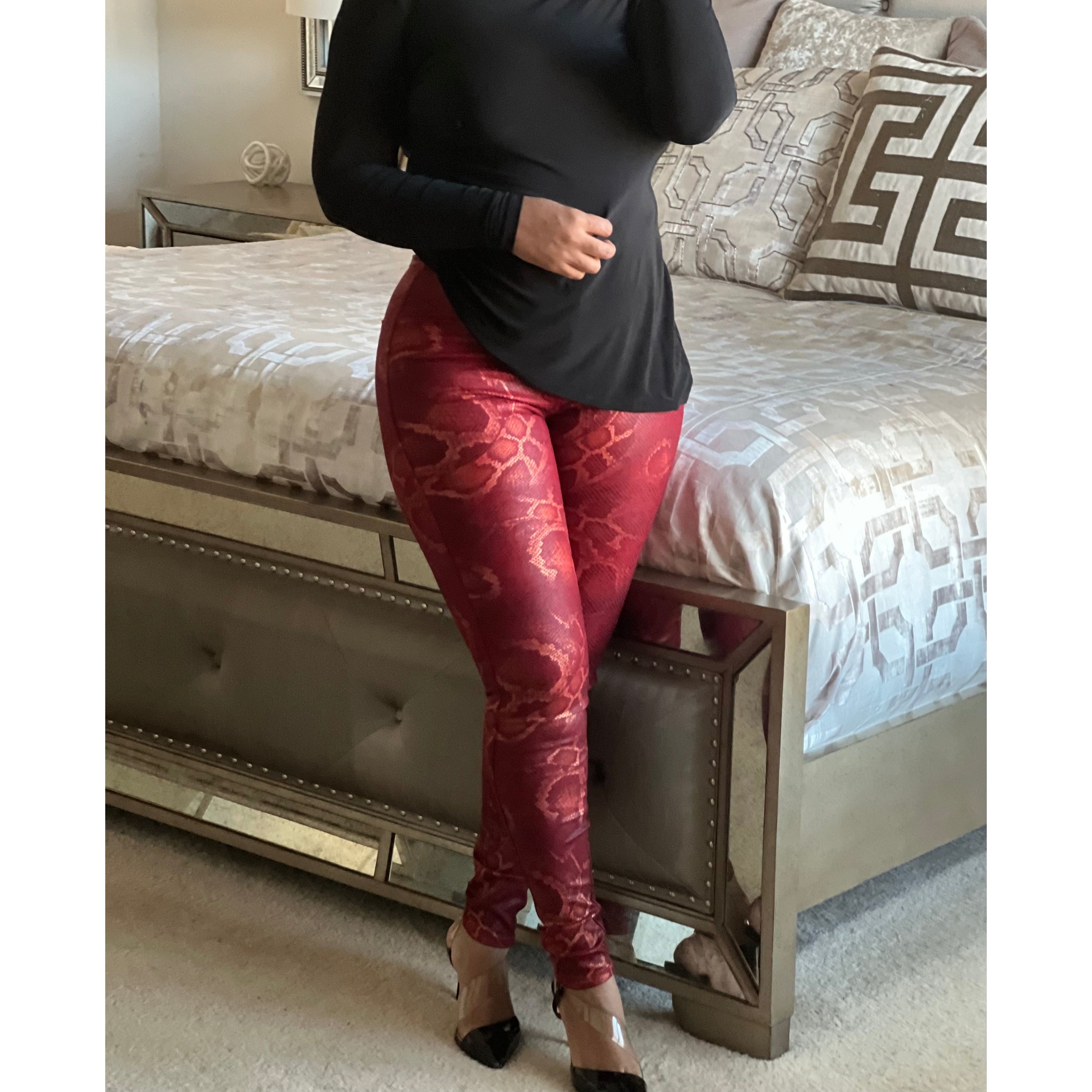 Red Snake Print Faux Leather Pants