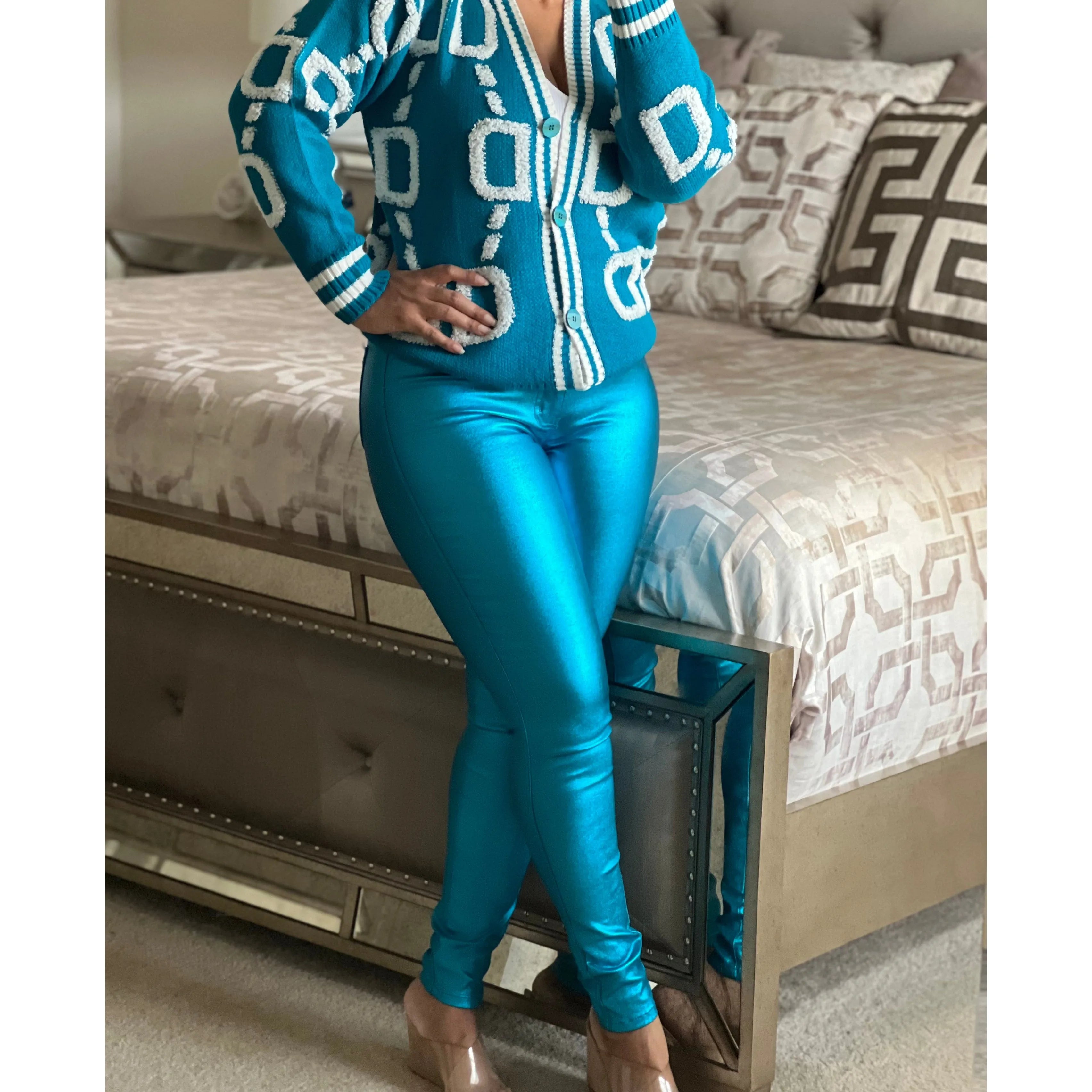 Turquoise Pattern Cardigan Sweater