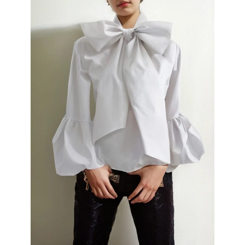 WHITE / S Bowknot High Collar Lantern Sleeve Blouse