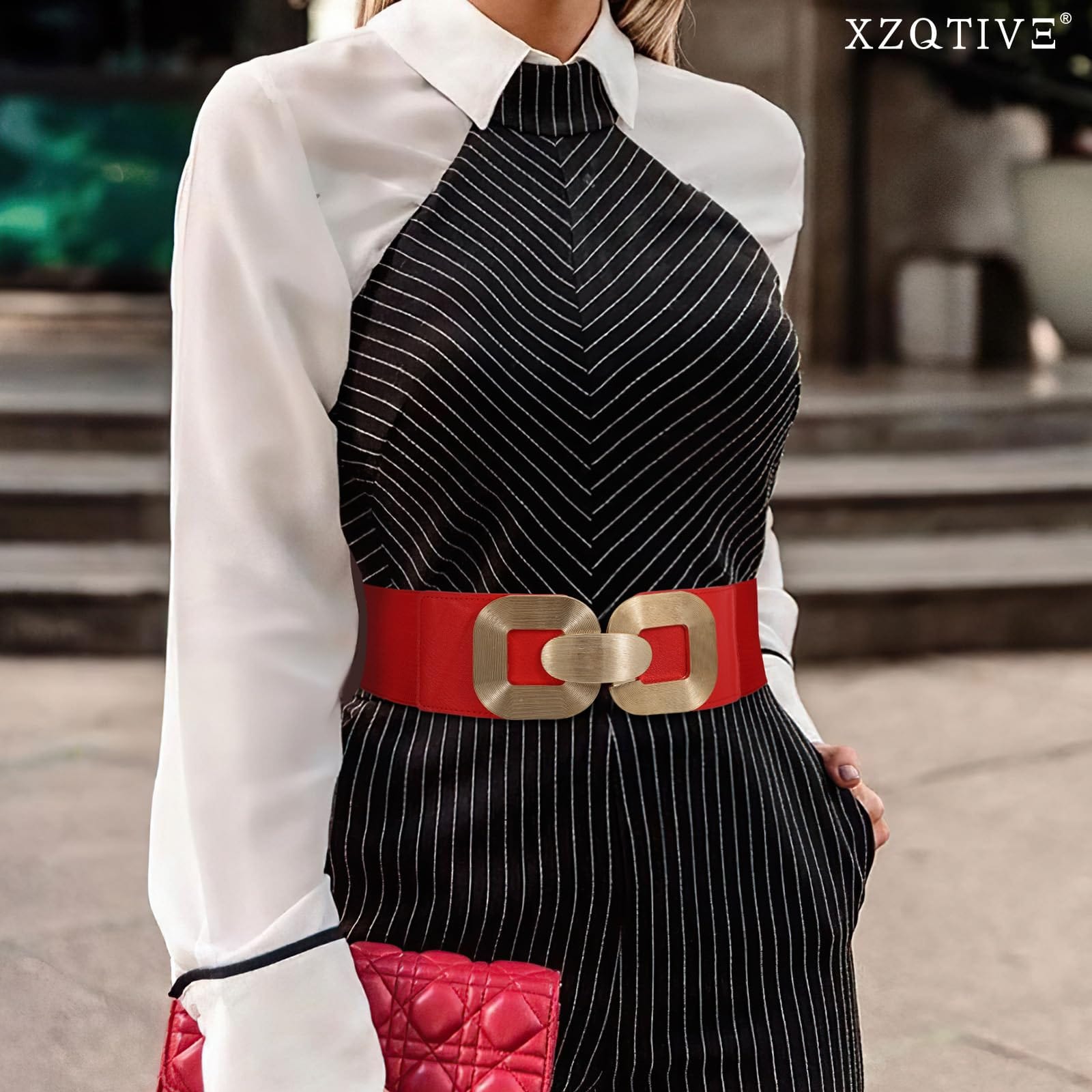 Wide Elastic Belts with Gold Buckle