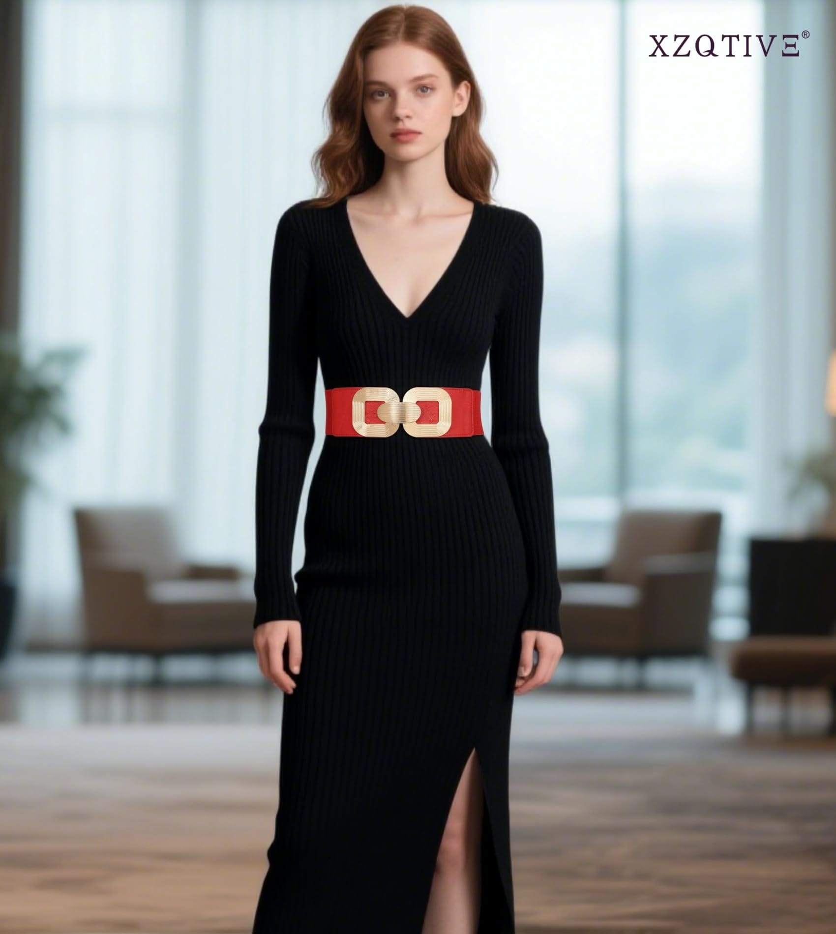 Wide Elastic Belts with Gold Buckle