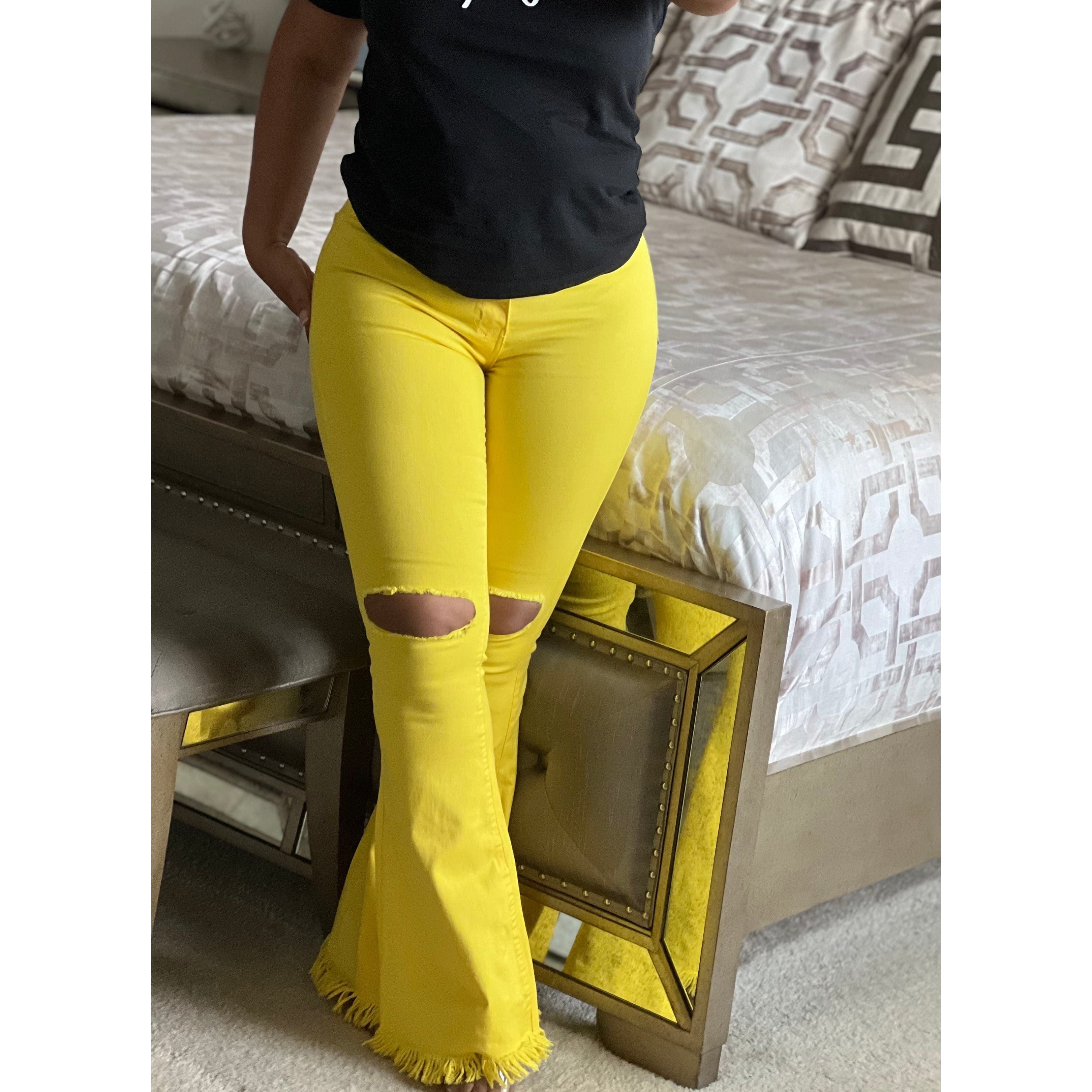 Yellow Fray Hem Bell Bottom Jeans