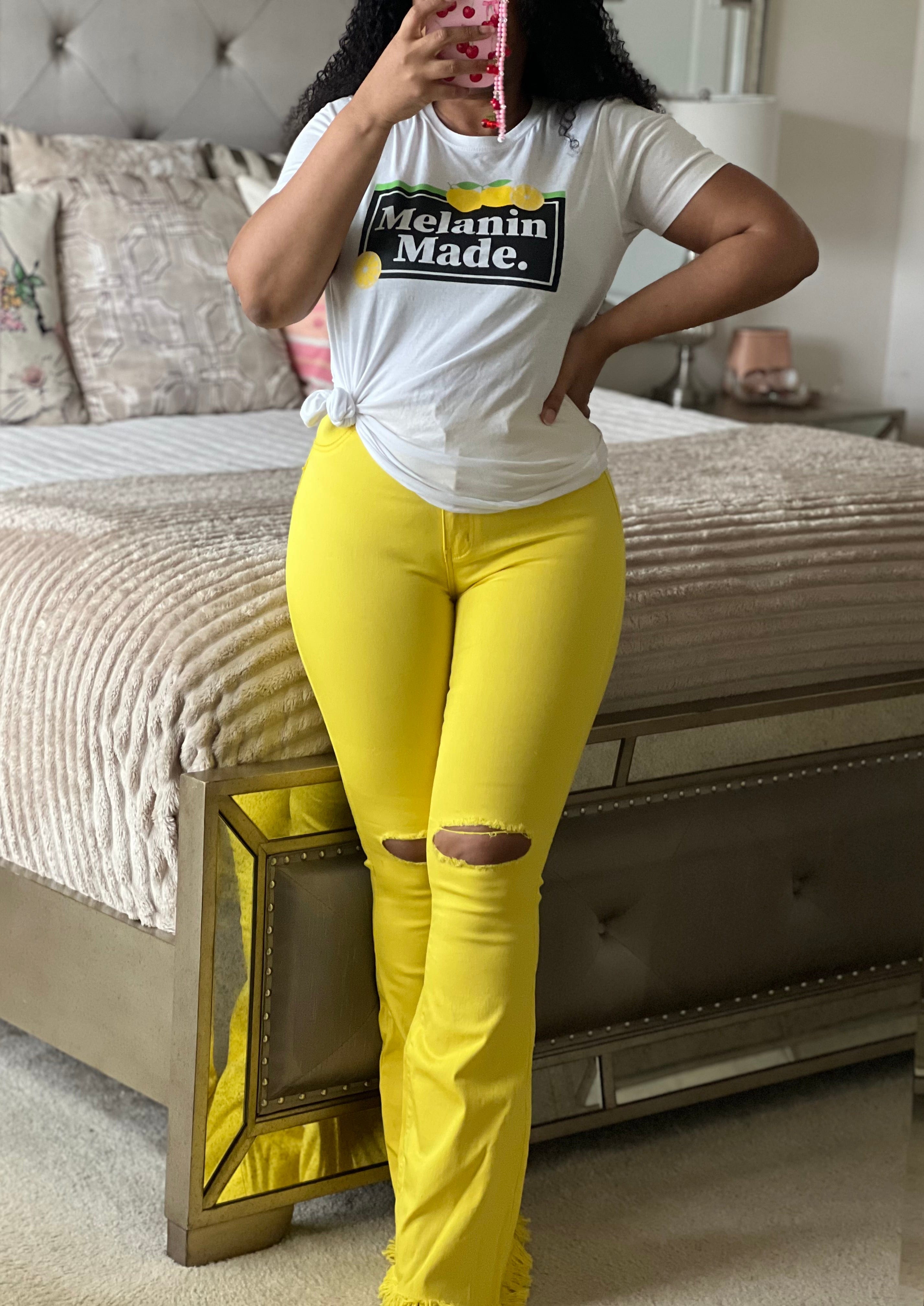 Yellow Fray Hem Bell Bottom Jeans