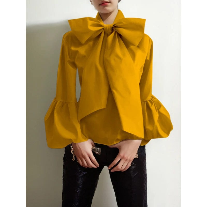 Yellow / M Bowknot High Collar Lantern Sleeve Blouse