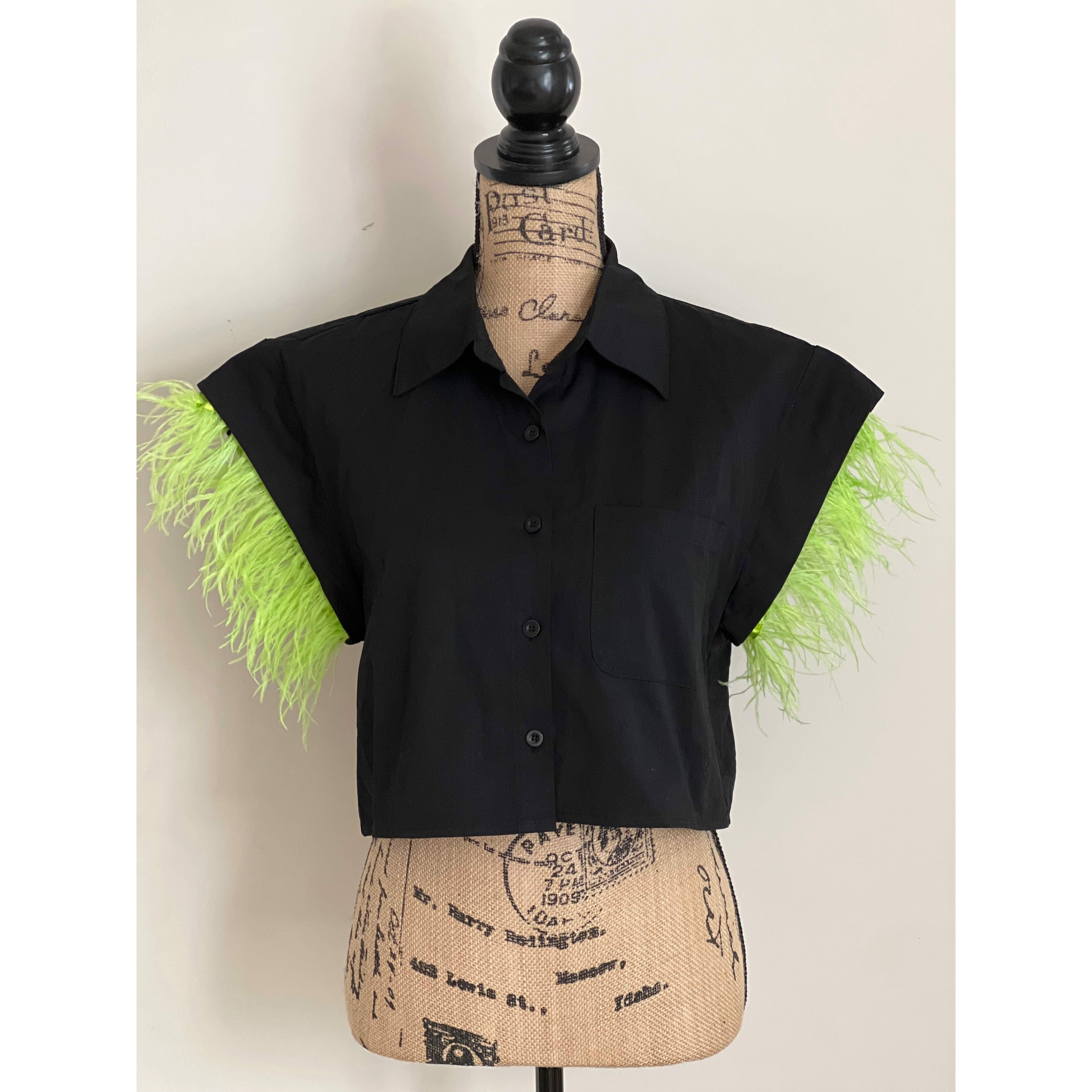 Black w/ Neon Green Feather Sleeve Crop Top