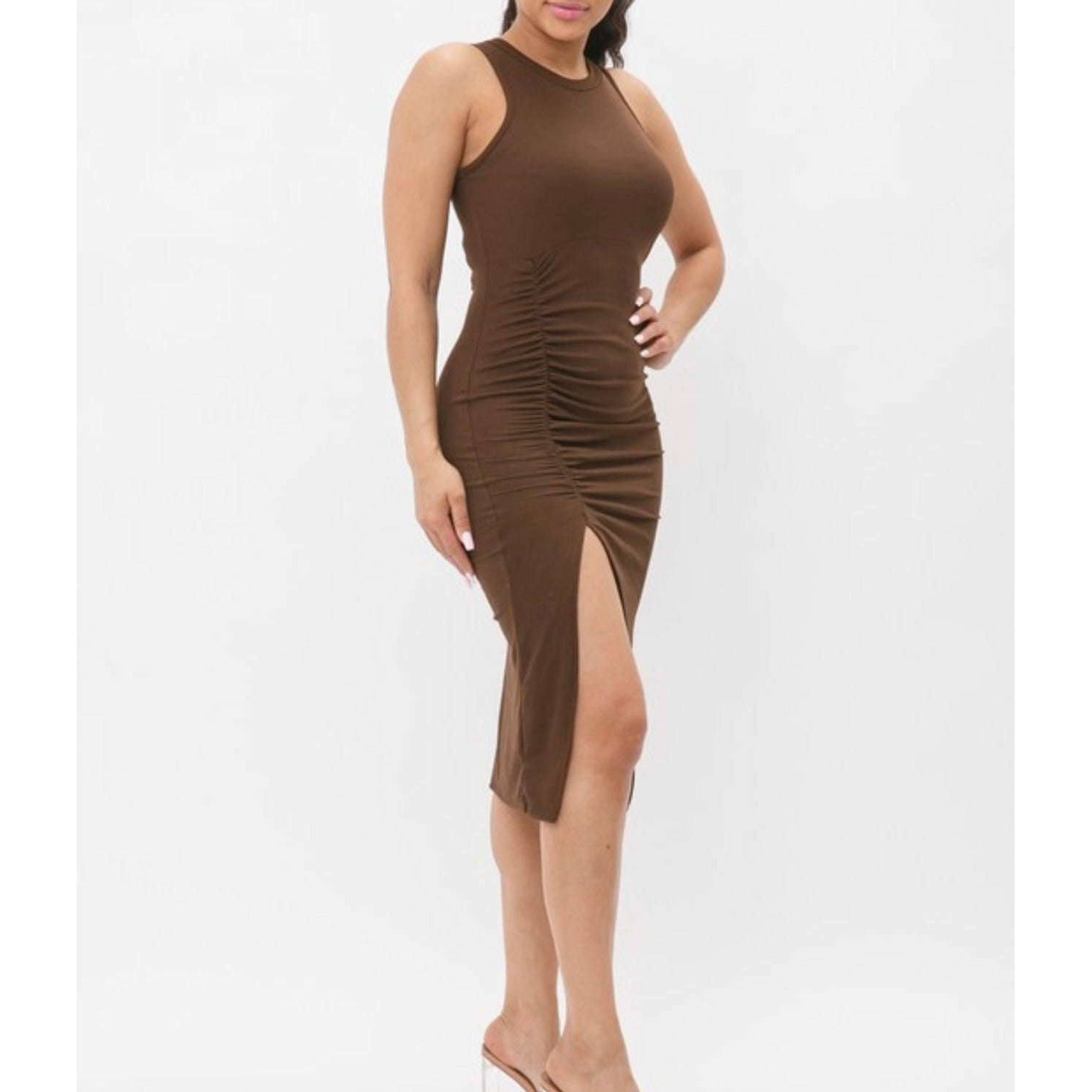 Brown Side Slit Midi Dress