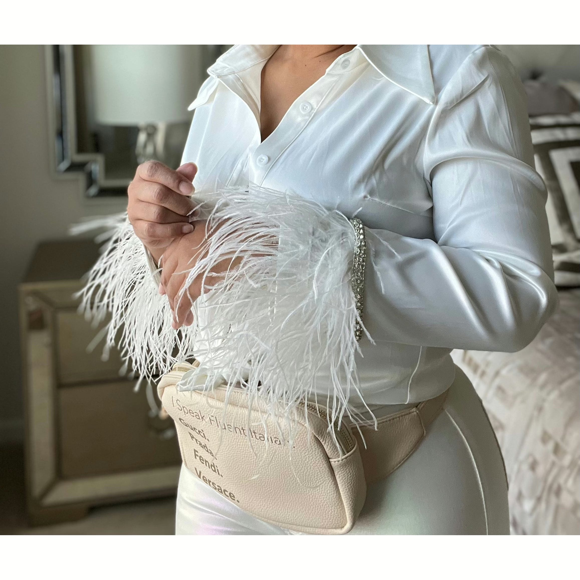 Off White Satin Feather Blouse