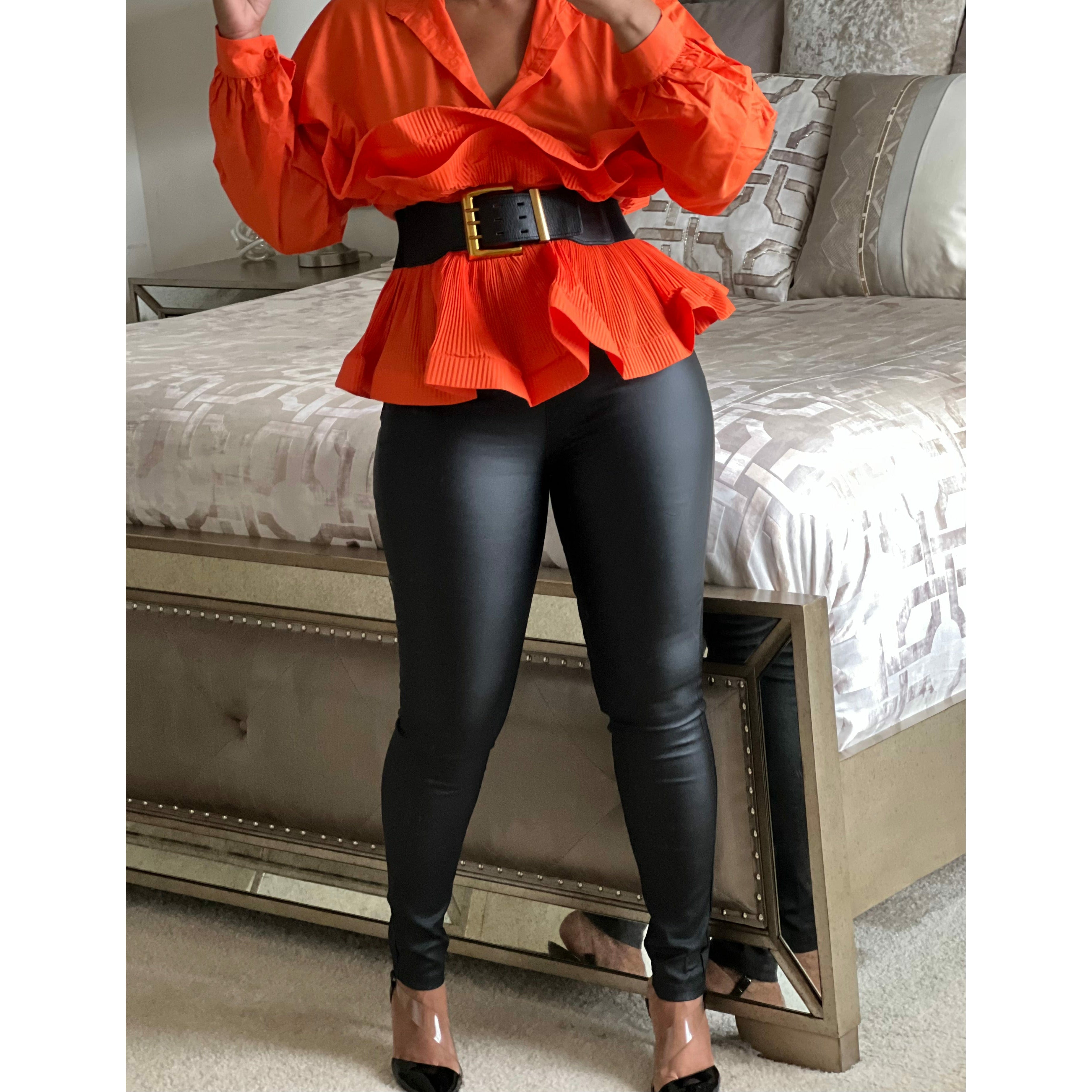 One Size Orange Lantern Sleeve Blouse-No Belt
