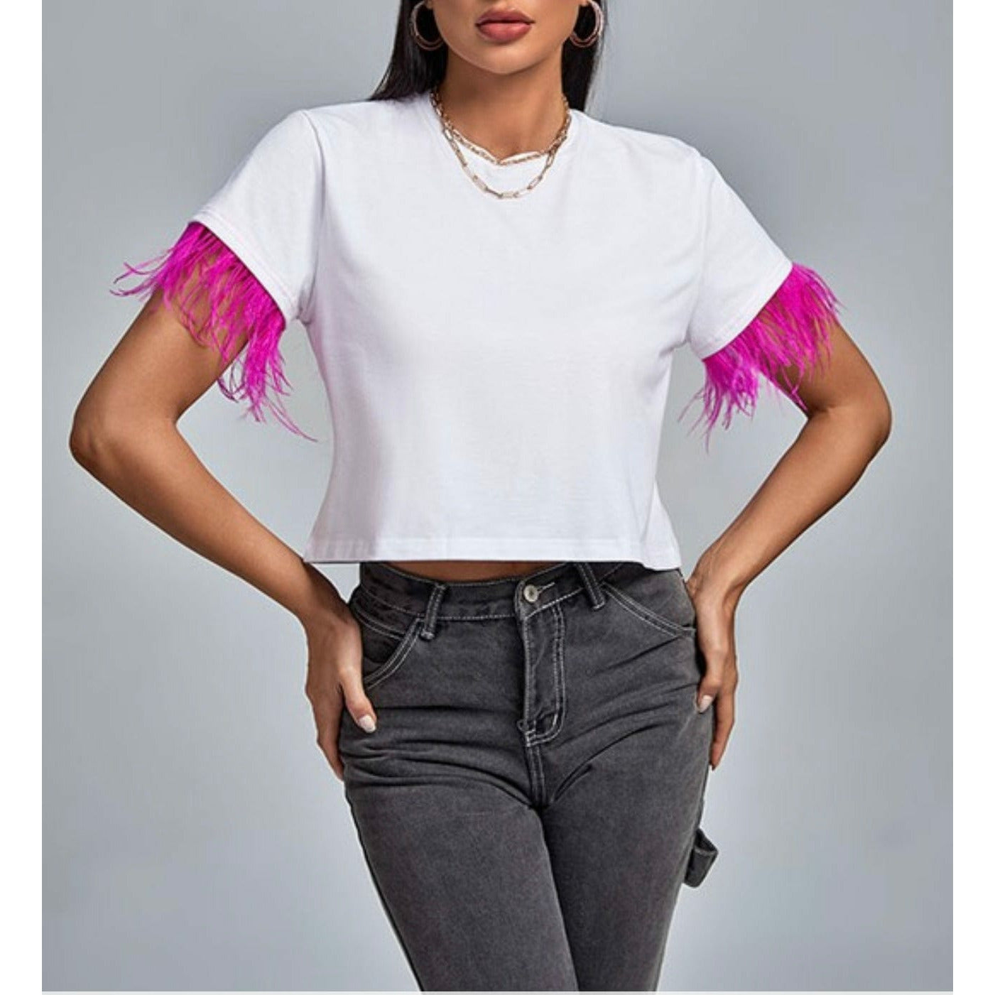Pink Feather Sleeve Crop Top